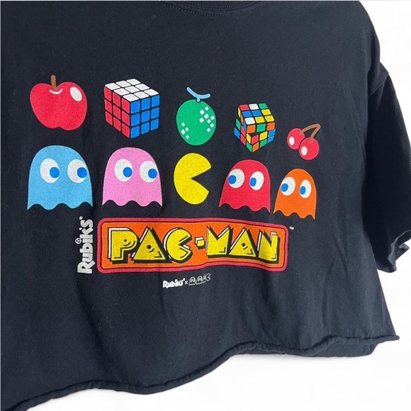 Retro Pac-Man Cropped Tee Black Gildan L 100% Cotton Gamer Graphic Shirt - Picture 3 of 5